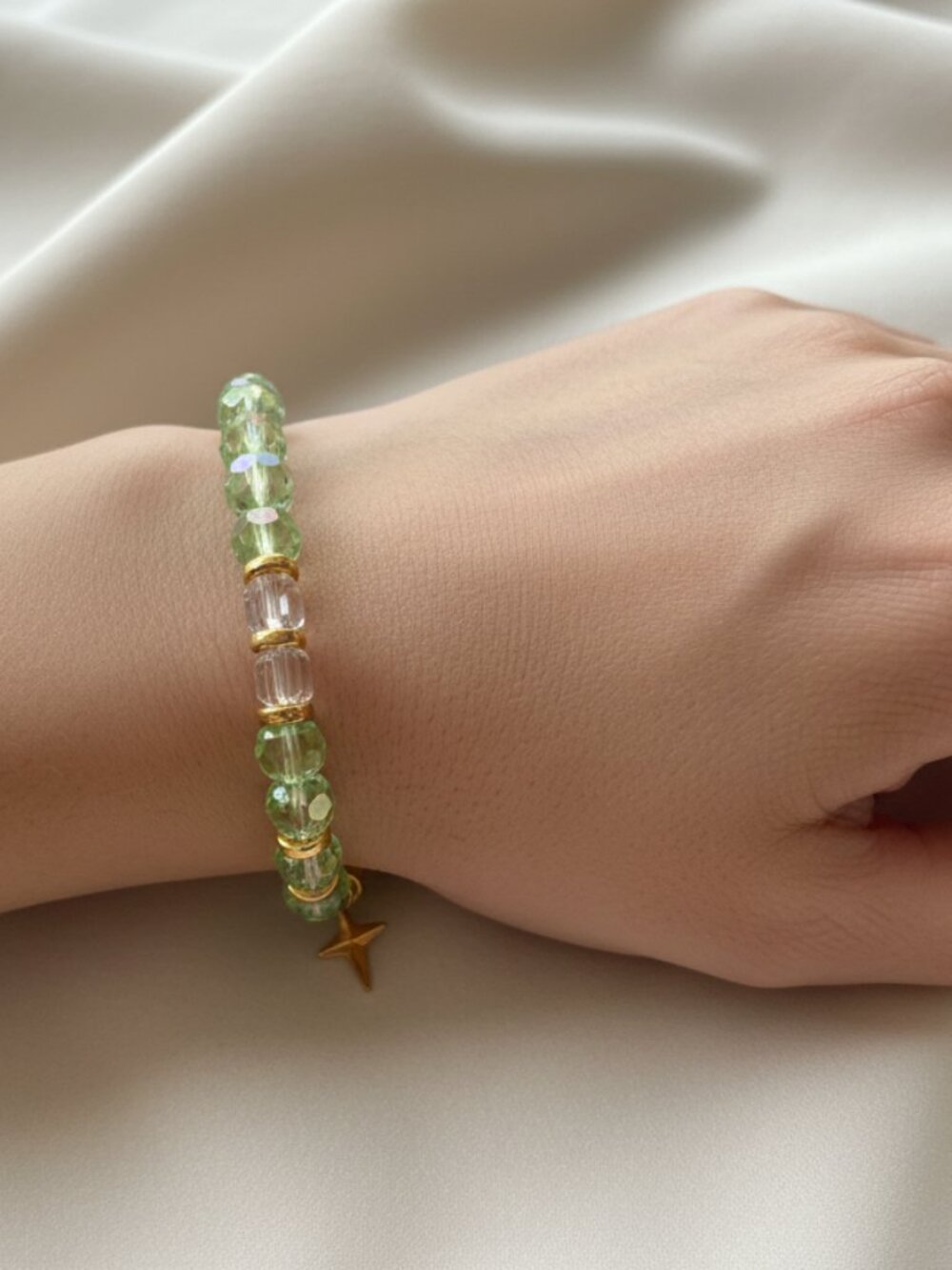 Designs by Forte Cosmic Glow Beaded Stretch Bracelet Star Charm Green Clear